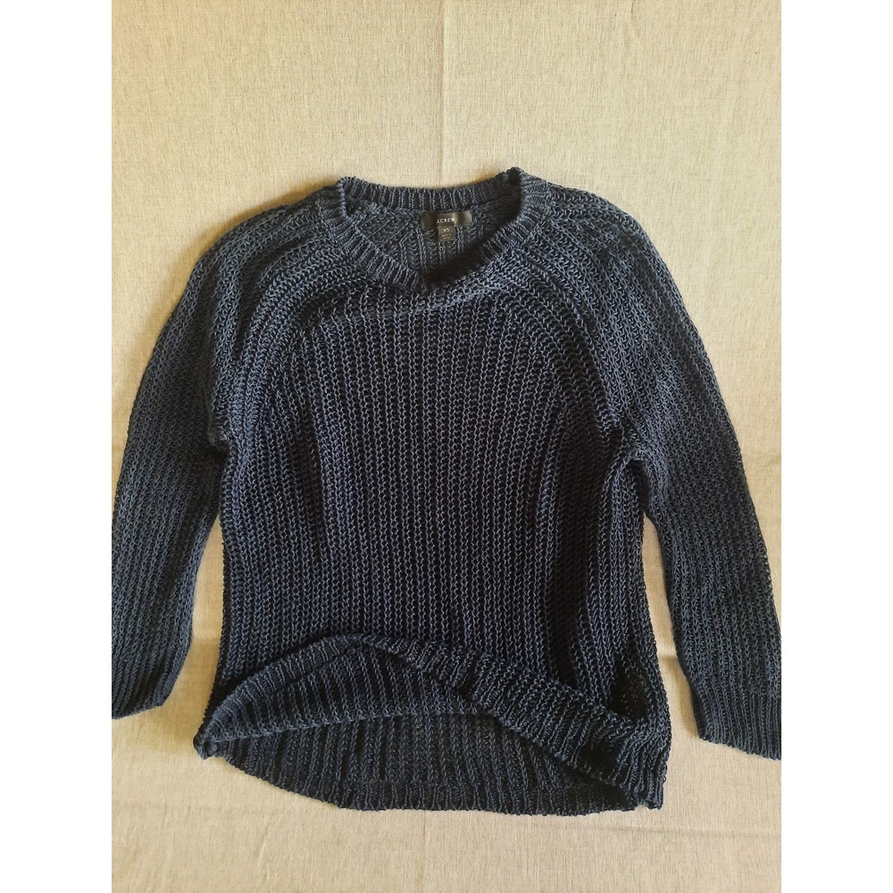 J Crew Women Navy Knit Linen Blend Mesh Sweater XS‎ V Neck Lightweight Pullover